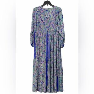 Kathmandu Green Paisley Print Midi Dress Bubble Sleeves NWT One Size XL